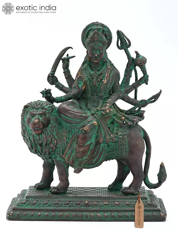 4" Small Ashtabhuja Goddess Durga with Lion | Handmade | Copper Statue | Made in India