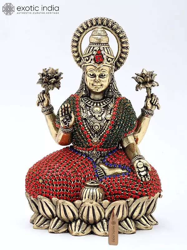 5" Small Four Armed Goddess Lakshmi Seated in Blessing Gesture | Copper Statue with Inlay Work