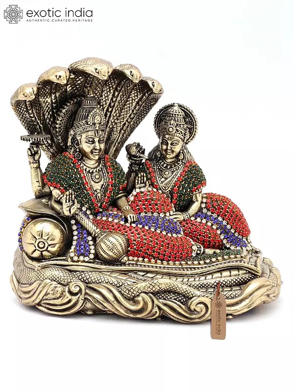 5" Small Sheshashayi Lord Vishnu Seated with Goddess Lakshmi | Copper Statue with Inlay Work