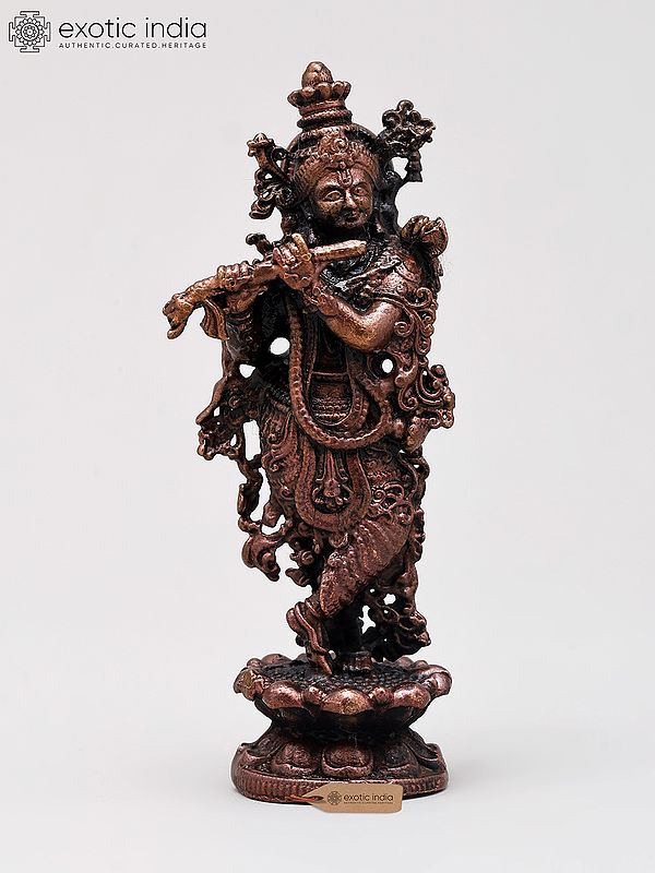 2" Small Lord Krishna Standing on Lotus Pedestal and Playing Flute | Handmade | Copper Statue