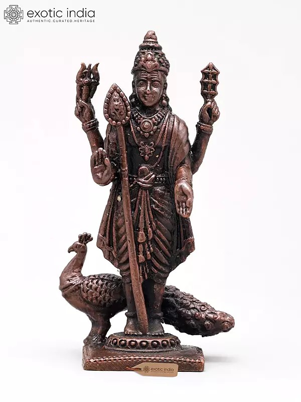 Small Standing Lord Murugan (Kartikeya) with Mayur and Vel | Handmade | Copper Statue