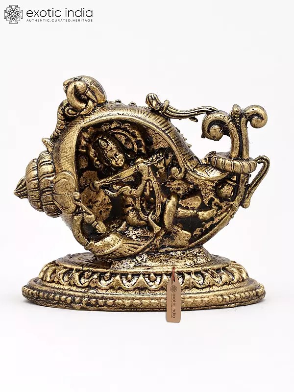 Small Divine Lord Krishna Playing Flute Inside Conch (Shankh) | Copper Statue | Made in India