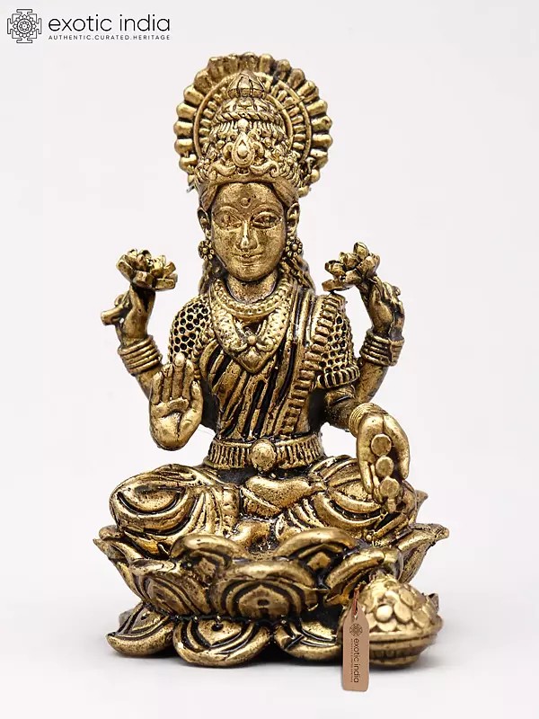 Small Goddess Dhanalakshmi Idol on Lotus - Goddess of Wealth | Copper Statue | Made in India