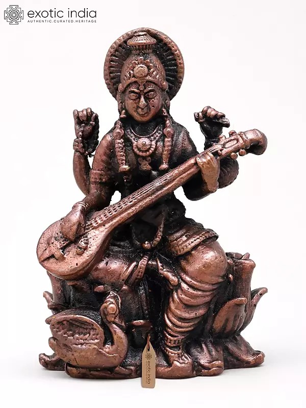 2" Small Chaturbhuj Goddess Saraswati with Sitar | Copper Statue | Made in India