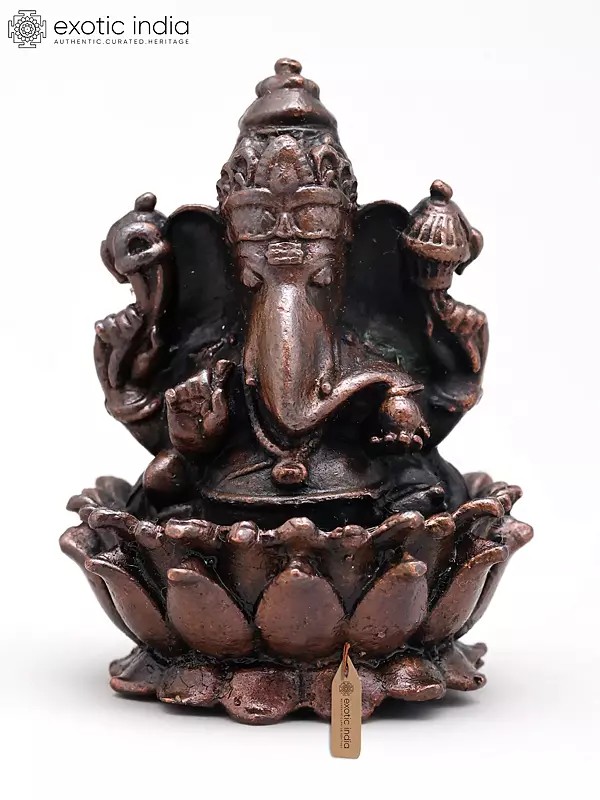 Small Idol of Lord Ganapati Seated in Lotus Flower | Copper Statue | Made in India