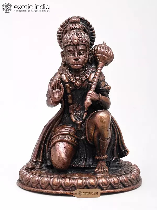 2" Small Lord Hanuman Seated in Blessing Gesture with Mace | Copper Statue | Made in India