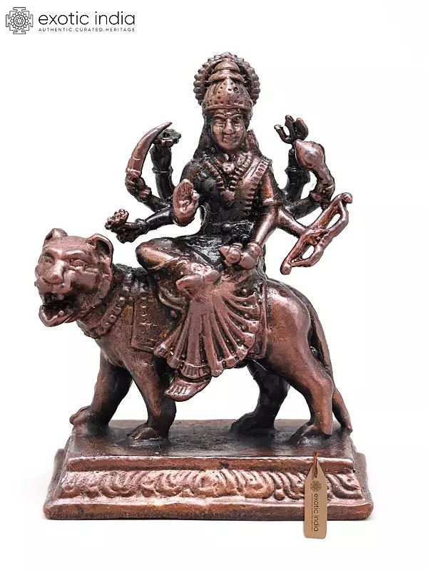 2" Small Goddess Durga Seated on Roaring Lion | Copper Statue | Made in India