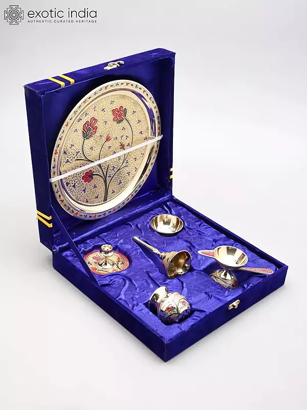 10" Brass Puja Thali Set | Set of 6 Items