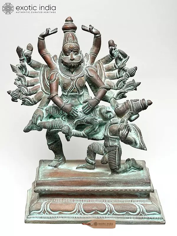 7" Eighteen Armed Lord Narasimha Killing The Demon Hiranyakashipu | Bronze Statue
