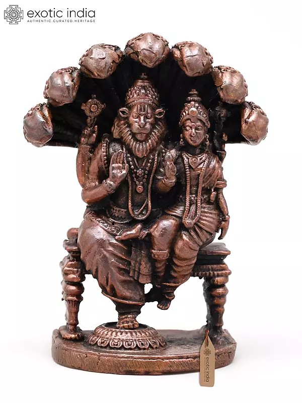 2" Lord Narasimha with Goddess Lakshmi Seated on Sheshnag Throne | Copper Statue | Made in India