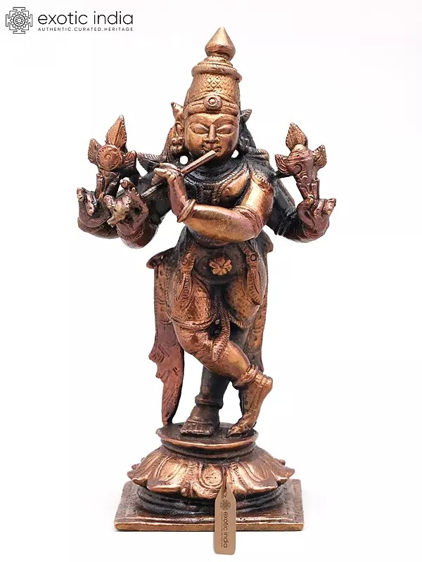 4" Four Armed Lord Venugopala (Krishna) with Flute | Copper Statue | Made in India