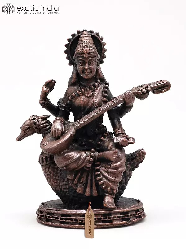 2" Small Devi Maa Saraswati Seated on Swan | Copper Statue