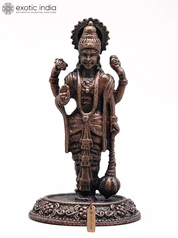 2" Small Standing Lord Vishnu in Blessing Gesture | Copper Statue