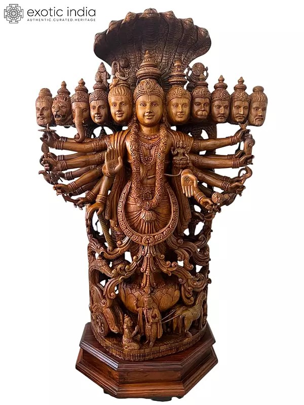 36" Lord Vishnu - Vishwa Swaroop | Hand Carved Wooden Statue | Exquisite Indian Art