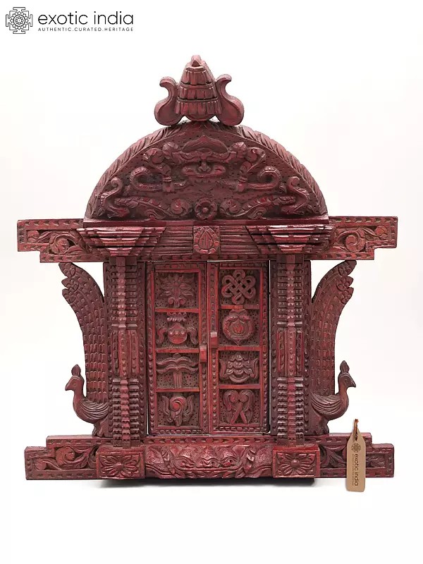 16" Wooden Traditional Window Adorned with Eight Auspicious Symbols of Buddhism