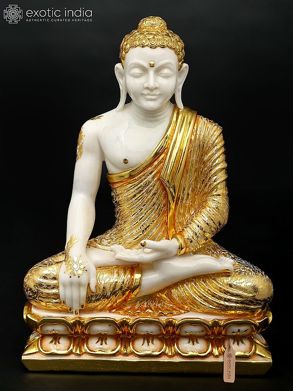 24" Lord Buddha in Seated in Bhumi-Sparsha Mudra | White Marble Statue | Handmade