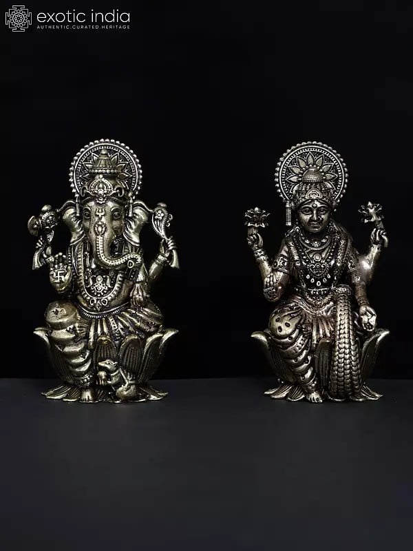 2" Small Superfine Pair of Ganesha Lakshmi Brass Statues