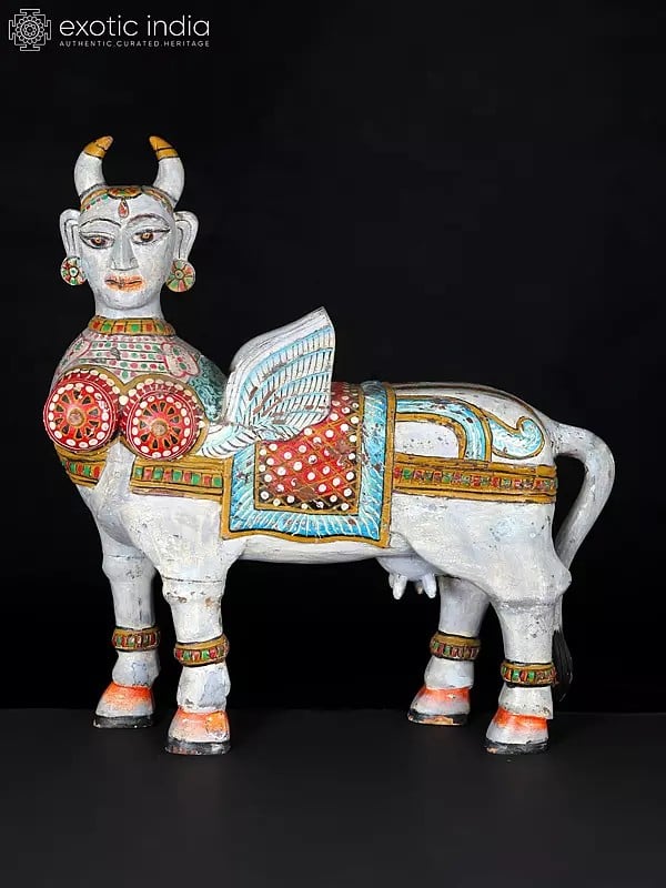 24" Hand-Painted Kamadhenu Cow | Wood Carving