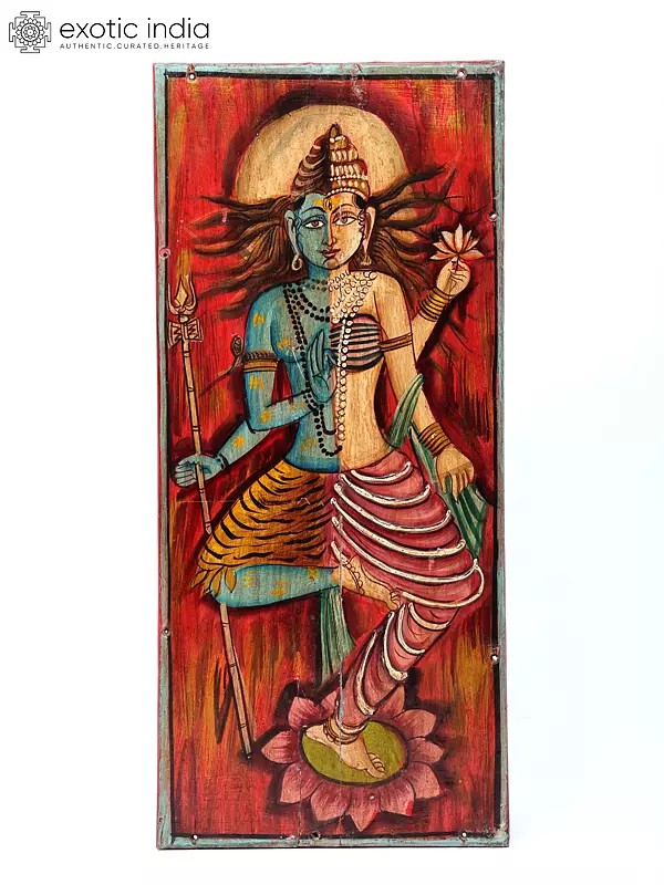 24" Hand-Painted Ardhanarishvara (Shiva-Shakti) Wall Panel in Wood