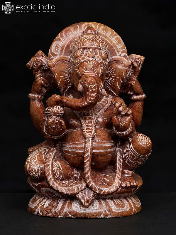 6" Small Chaturbhuja Lord Ganesha | Sand Stone Statue