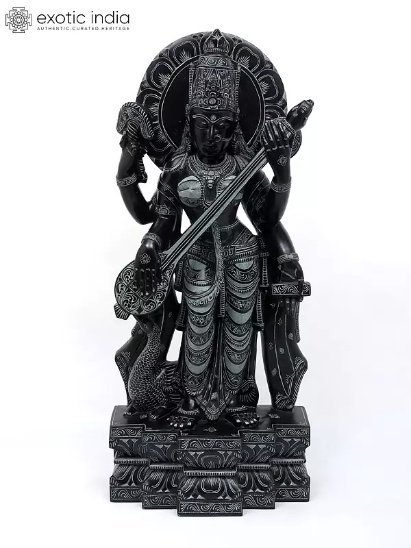 32" Large Standing Goddess Saraswati Playing Veena | Sand Stone Statue