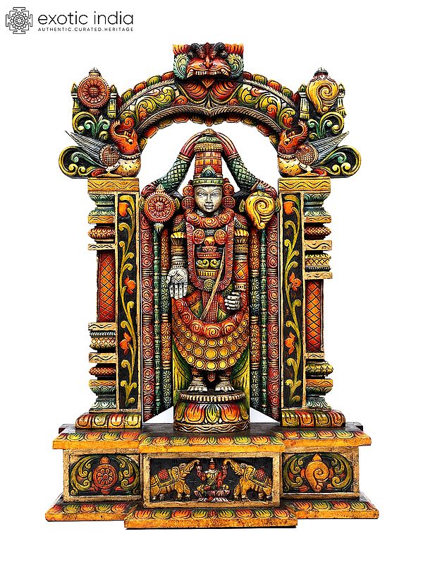 42" Large Colorful Tirupati Balaji (Venkateshvara) with Kirtimukha Arch | Wood Carving