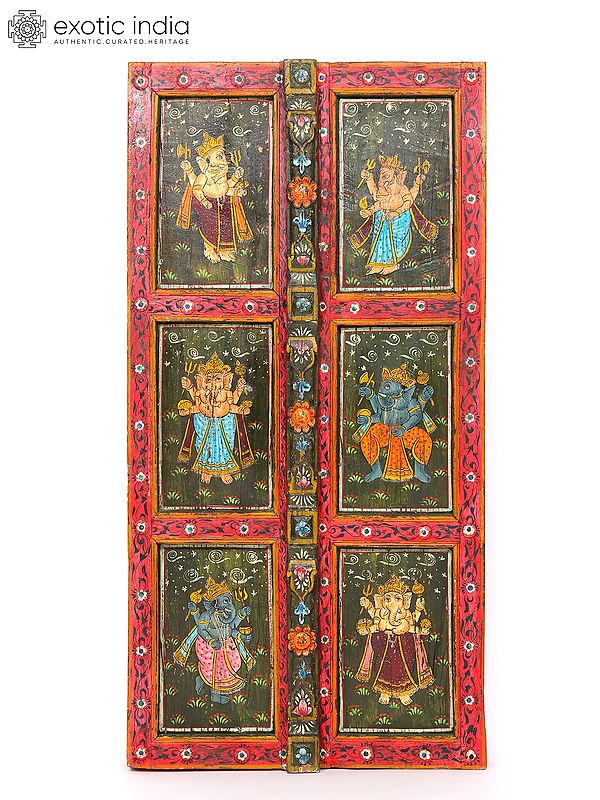 58" Large Hand-Painted Ganesha Door Design Wall Hanging Panel | Wood Carving