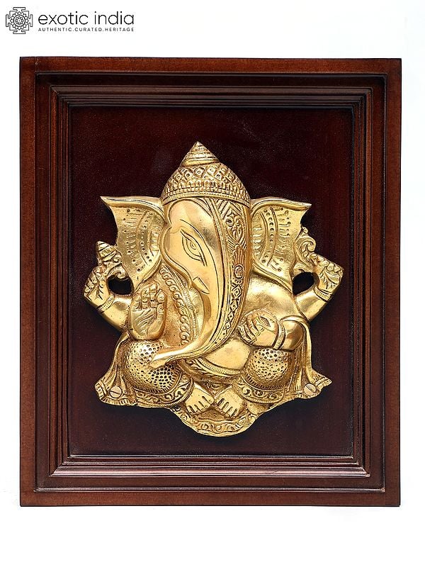 12" Blessing Lord Ganesha | Wood Framed Brass Sculpture | Wall Hanging