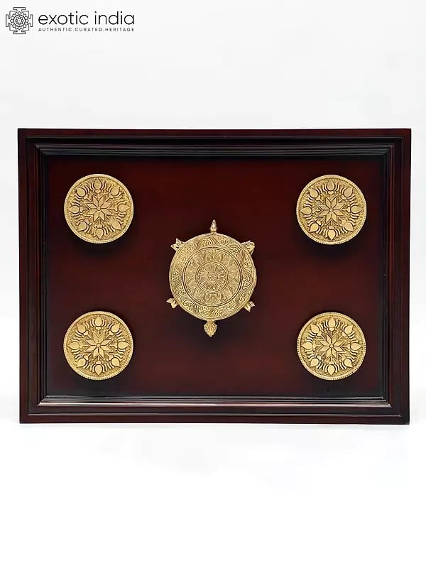 20" Wood Framed Brass Tortoise with Lotuses | Wall Hanging