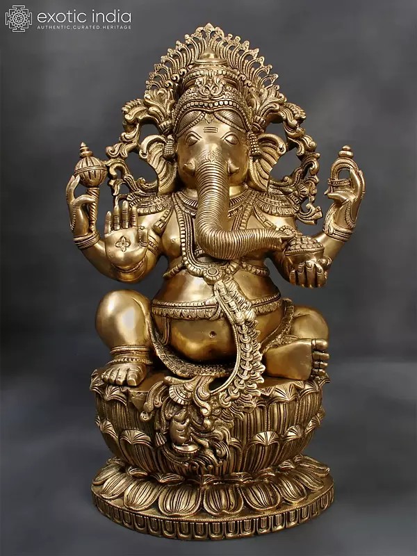 26" Four Armed Lord Ganesha With Attractive Carving | Brass Statue For Temple