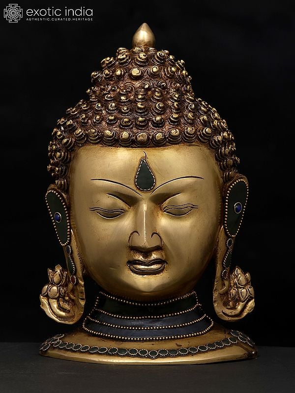 9" Meditating Buddha Head | Brass Statue with Inlay Work