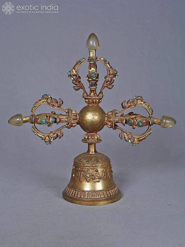 10" Handcrafted Double Dorje Bell In Copper And Gold Plated With Turquoise Coral And Lapis