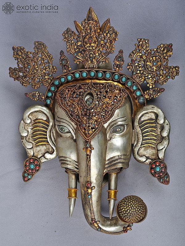 17" Wall Hanging Tibetan Ganesha Head For Home In Copper Gold And Silver Plated