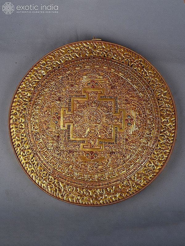 14" Buddhist Mandala With Ashtamangala Symbols For Wall Hanging In Copper Gold And Silver Plated