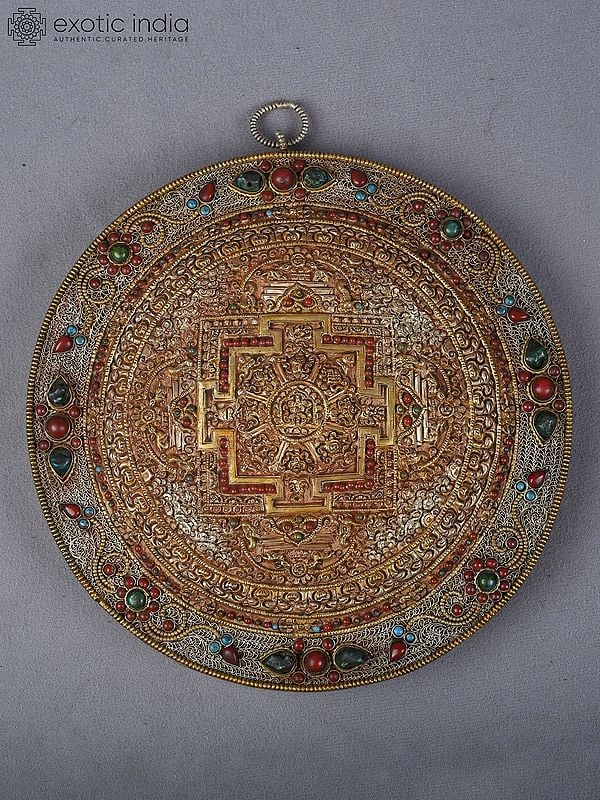 8" Buddhist Mandala With Eight Auspicious Symbol In Copper Gold And Silver Plated