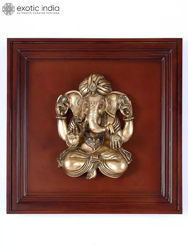 24" Turbaned Blessing Lord Ganesha | Wood Framed Brass Sculpture | Wall Hanging