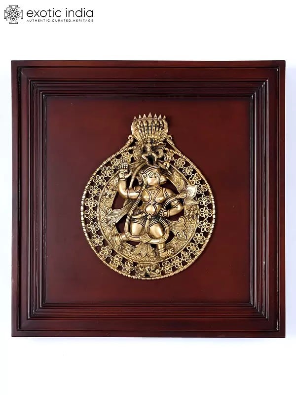 19" Wood Framed Brass Lord Hanuman | Wall Hanging