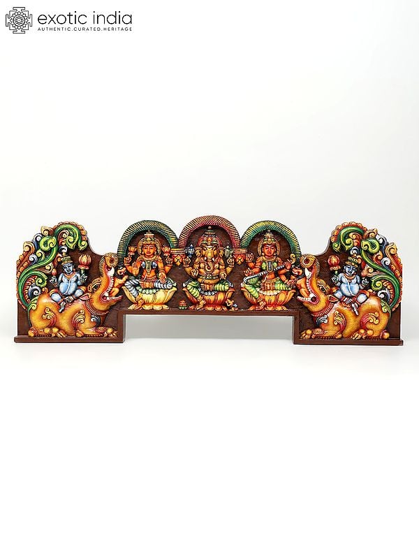 54" Large Lakshmi Ganesha Saraswati Colorful Wall Panel | Wood Carving