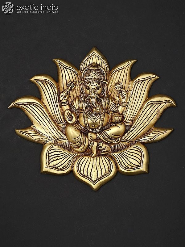 11" Brass Lord Ganesha Seated on Lotus | Wall Hanging