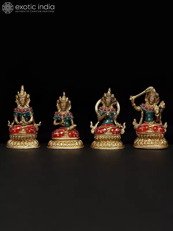 4" Small Set of Four Buddhist Deities | Brass Statues with Inlay Work