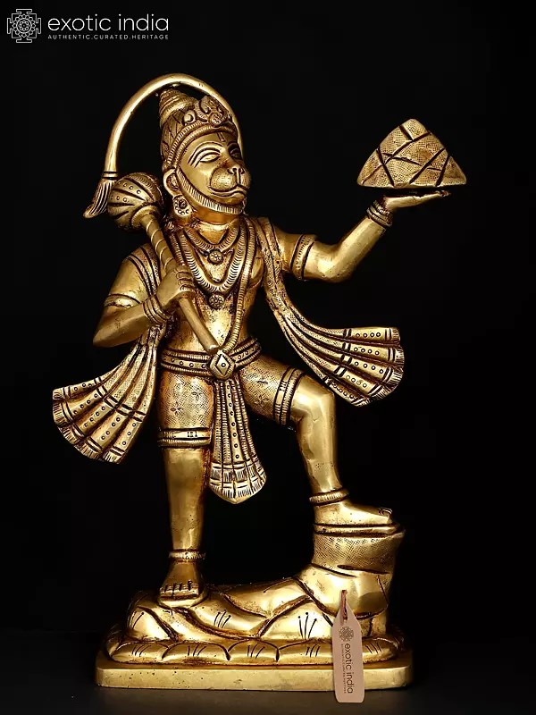 10" Standing Lord Hanuman Holding Mountain of Sanjivani Herbs | Brass Statue