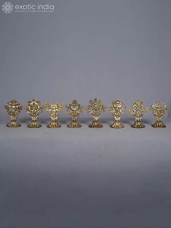 4" Set Of Eight Auspicious Symbols In Copper Gold And Silver Plated