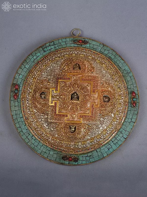 14" Pancha Buddha Round Mandala In Copper Gold And Silver Plated | Ritual Item