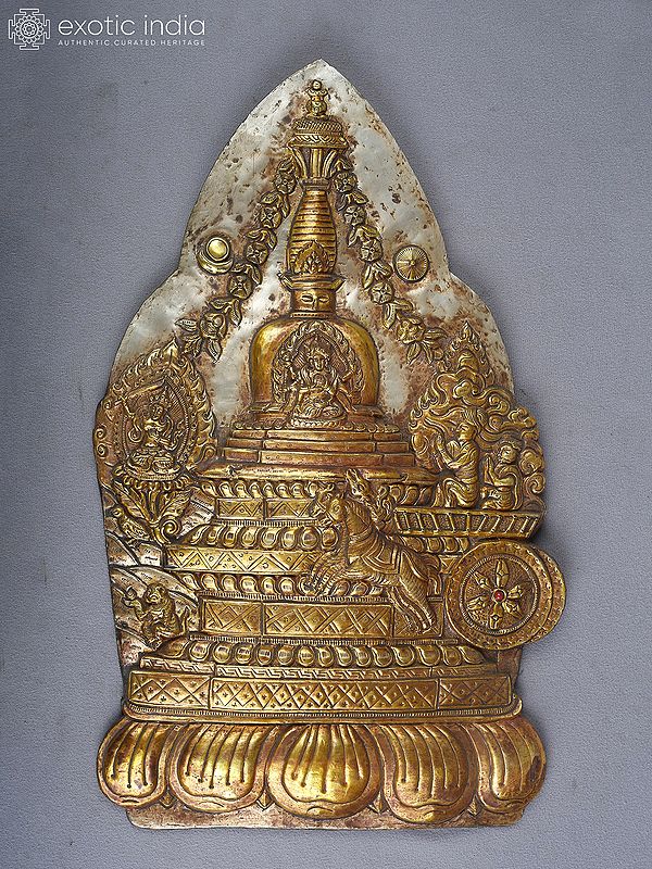 13" The Buddha Stupa In Copper Gold And Silver Plated | Buddhist Ritual Item