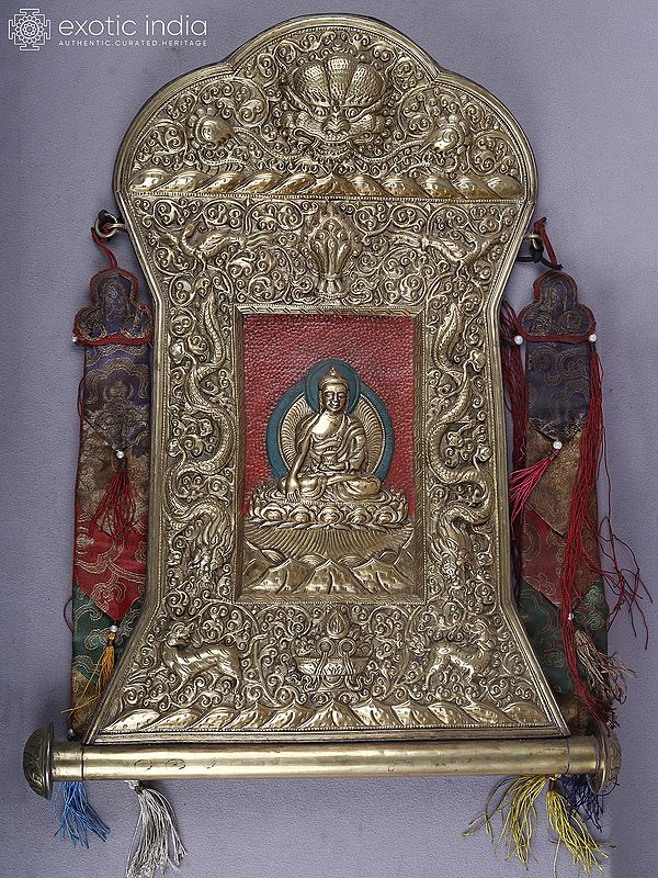 19" Brass Tibetan Lord Buddha Engraved Wall Hanging Thangka Frame | Handmade