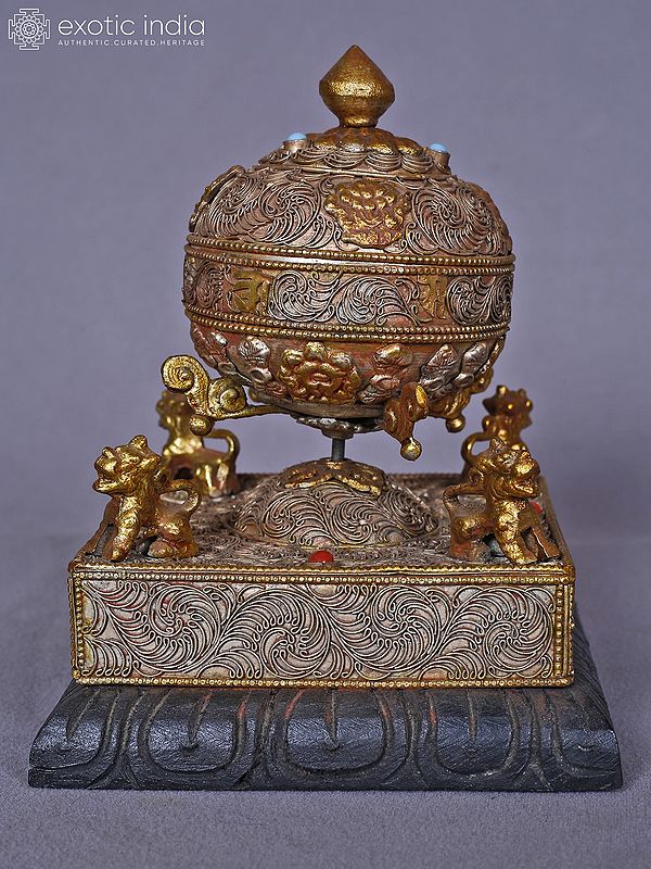 6" Copper And White Metal Tibetan Buddhist Prayer Wheel With Mantra | Ritual Item