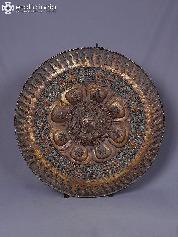 24" Engraved Tibetan Round Mandala In Copper Gold And Silver Plated | Ritual Item