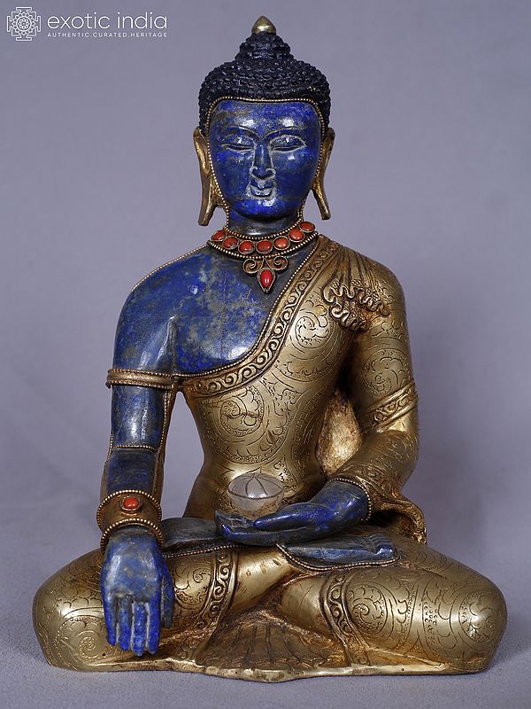 9" Copper Gold Plated And Lapis Medicine Buddha In Bhumisparsha Gesture Statue | Handmade