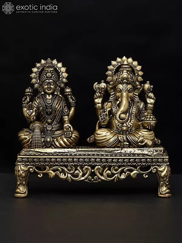 4" Small Superfine Blessing Lakshmi Ganesha Pair in Brass