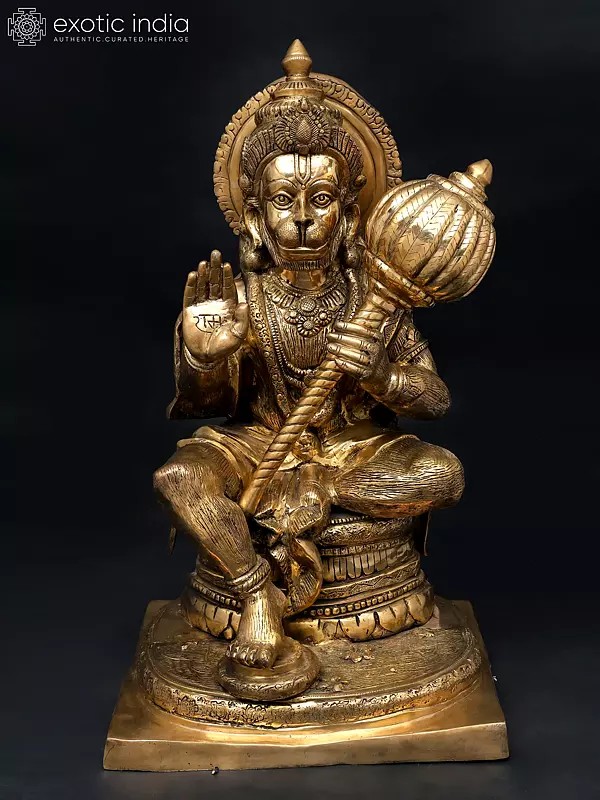 36" Large Sitting Lord Hanuman in Blessing Gesture | Brass Statue